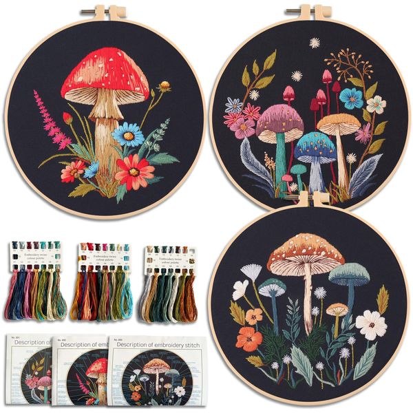 Myfelicity Embroidery Kit with Mushroom Patterns, 3 Hoops, Fabric, Threads, Needles, Instructions (Colourful)