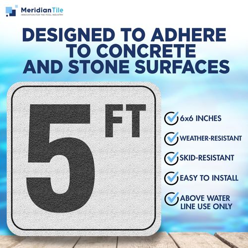 Aquatic Custom Tile, 5FT Pool Depth Markers, 6x6 Inches Vinyl Pool Stickers, Swimming Pool Number Markers, Pool Safety Signage, Adhesive Pool Depth Markers Stickers for Decks, MADE IN USA - (1 Pack)