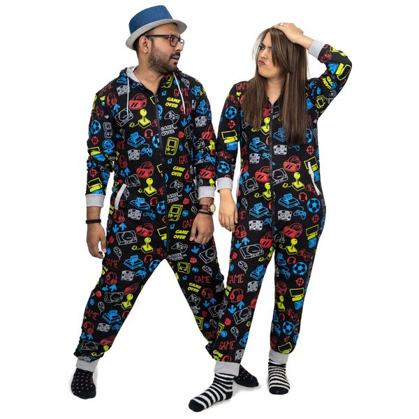 NOROZE Herren Jungen Spielen Onesie Anzug Trainingsanzug Unisex Kinder Pyjama Schlafanzug Alles in einem Overall Familie Jumpsuit Spieler Abstimmung Schlafanzüge Schlafanzug (XS, Schwarz)