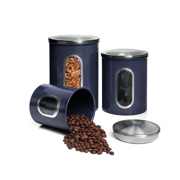 Mixpresso 3 Piece Blue Canisters Sets For The Kitchen, Kitchen Jars With See Through Window, Airtight Coffee Container Tea Organizer & Sugar Canister, Kitchen Canisters Set of 3 Blue Kitchen Decor.