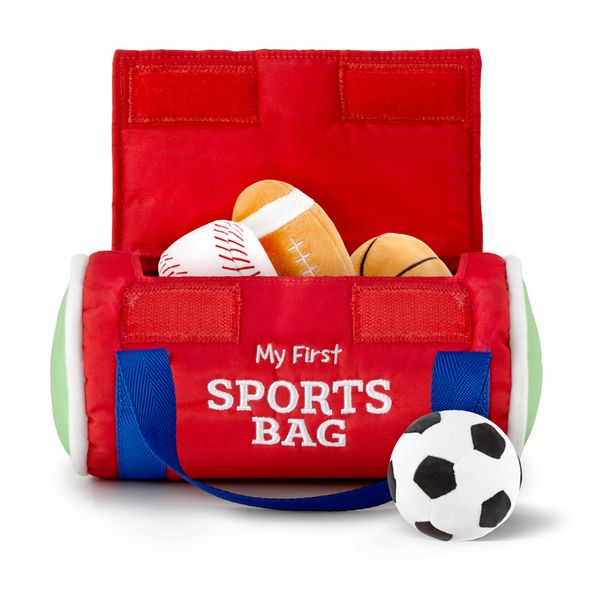 Kidaddle Baby's First Sports Bag (Small), Plush Sensory Balls for Baby with Travel Bag, Baby & Toddler Sports Bag with Rattling Baby Football, Sqeaky Soccer Ball, Crinkle Baby Baseball Toy, and More!