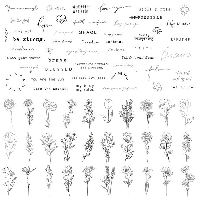 Esland Realistische Temporäre Tattoos 60 Blatt Winzige Kleine Abnehmbare , 30 Stück Inspirierende Zitate Worte, 30 Stück Wilde Blumen Ink Line Botanische Blumenblätter Tattoo Aufkleber