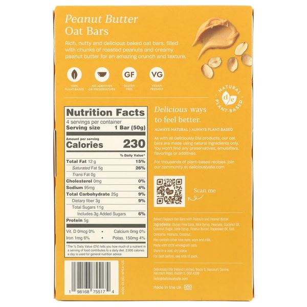 Deliciously Ella Peanut Butter Oat Bar 4 Count, 1.76 OZ
