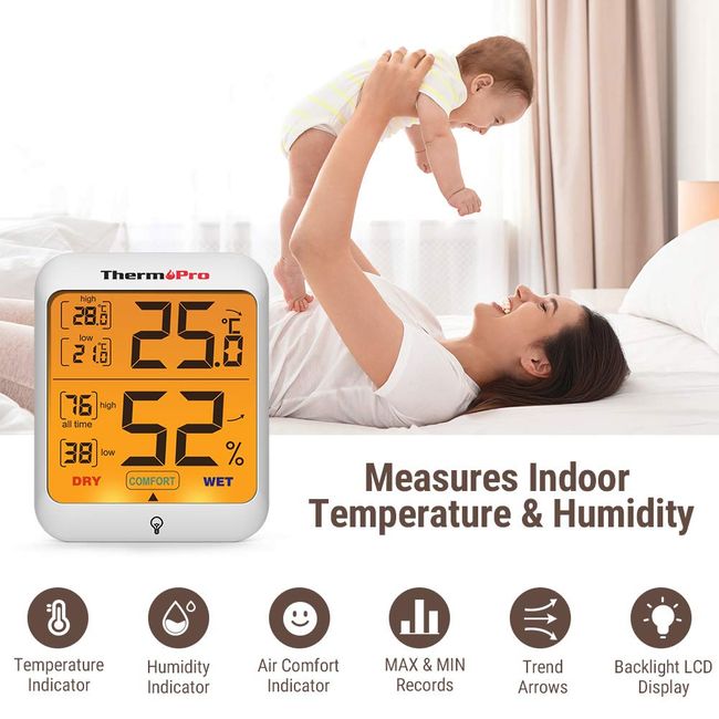 ThermoPro TP53 2 Pack Digital Hygrometer Indoor Thermometer for Home,  Temperature Humidity Sensor with Comfort Indicator & Max Min Records, Room