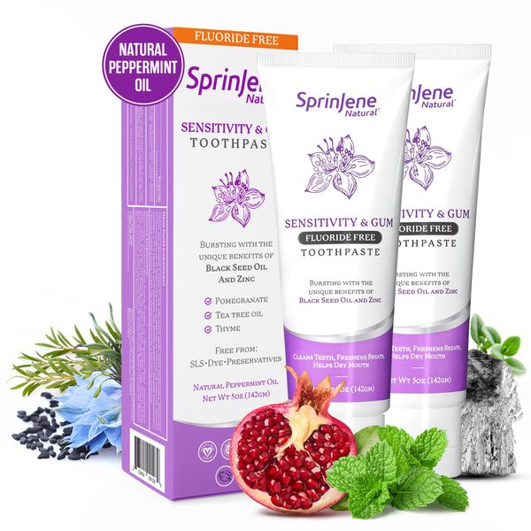 Sprinjene Fluoride Free Toothpaste for Sensitive Teeth & Gum - All Natural Toothpaste Fluoride Free Toothpaste Adult, SLS Free, Non Fluoride Toothpaste Adult - 2 Pack Toothpaste Floride-Free