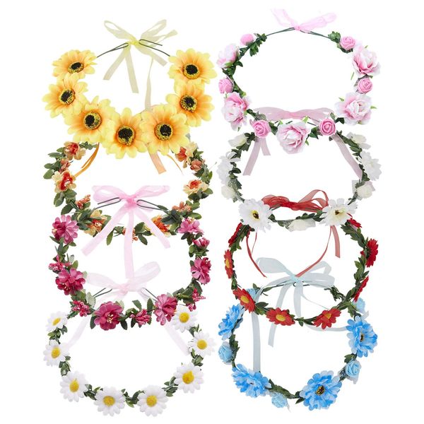 8 Pack Boho Flower Crown Floral Leaf Wreath With Ribbon Halo Headbands Hair Garland Wedding Bridal Headpiece Tiara Sunflower Daisy Hibiscus Hairbands Hawaiian Party Accessories for Kids Women Girl