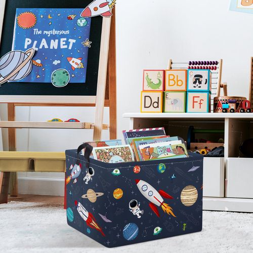 Clastyle Rocket Astronaut Shelf Basket for Boys Cosmic Planet Universe Blue Storage Bin Rectangle Clothes Books Toy Storage Cube, 36L