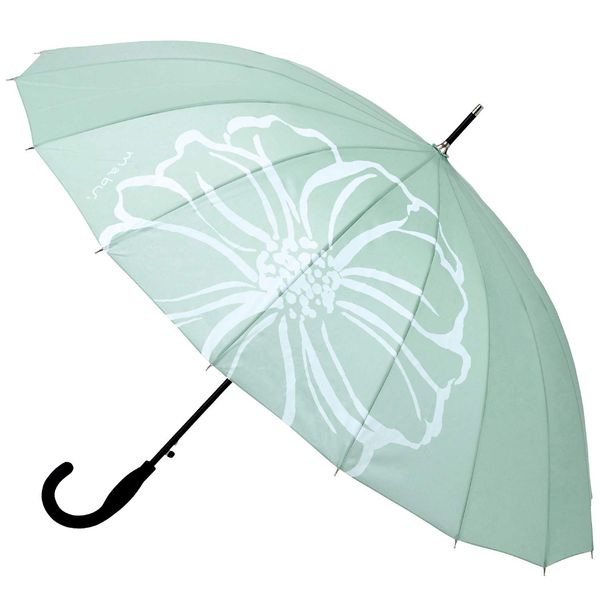 mabu SMV-40235 Women's Long Umbrella, Rain Umbrella, 16 Ribs, One-Touch, Basic, Auto-Open, Lightweight, Durable, Fiberglass, Stylish, Floral Pattern, Blossom, Light Green