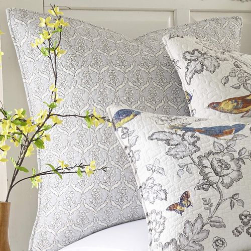 Levtex Home - Mockingbird - Euro Shams Set of Two - (26x26in.), No Insert - Stamped Floral Print - Dark Grey, Light Grey, Cream - 100% Cotton