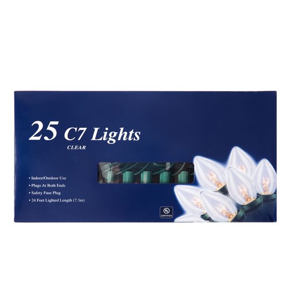 25 Ft Christmas Light String with Clear White C7 Light Bulbs for Indoor/Outdoor