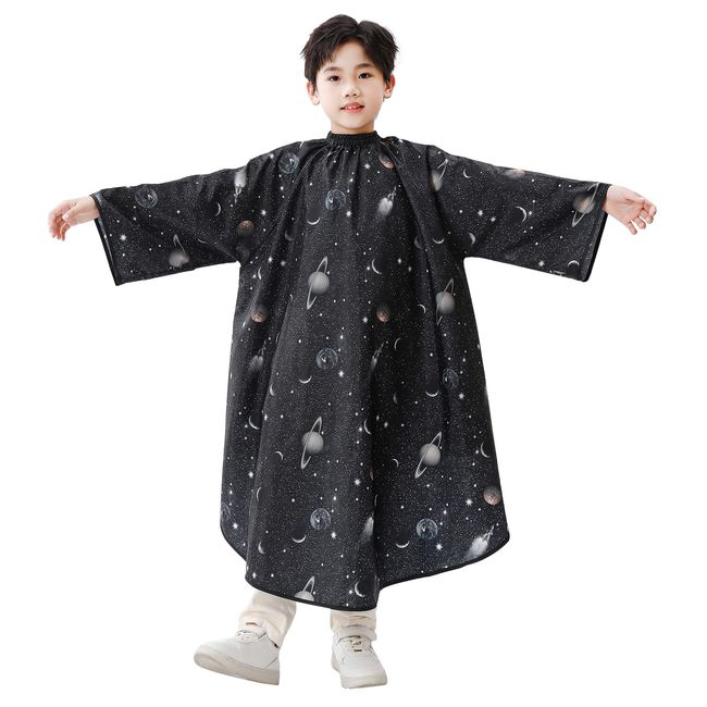 PERFEHAIR Kids Hair Cutting Cape with Sleeves, Kids Barber Cape Haircut Cape for Boy & Girls, Professional Salon or Home Hair Cut Cape-Black Space Printing