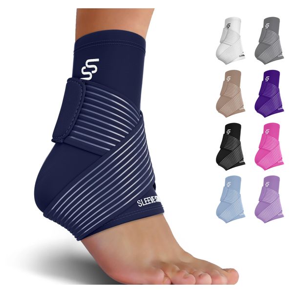 Sleeve Stars Ankle Support for Ligament Damage & Sprained Ankle, Plantar Fasciitis Support & Achilles Tendonitis Pain Relief, Ankle Brace for Women & Men w/Compression Ankle Strap (Single/Navy Blue)