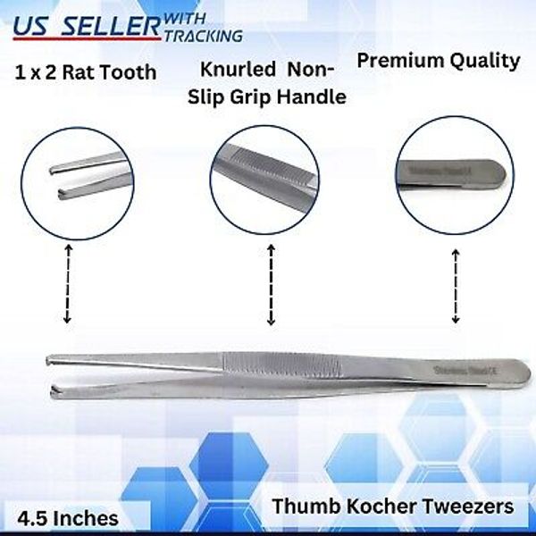 1x2 Rat Tooth Kocher Tweezers Tissue Dressing Thumb Forceps Surgical Grade 4.5"