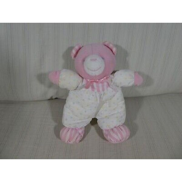 Vtg Eden Pink Bear 8" Plush Baby Rattle Polka Dots Stripes Stuffed Toy HTF ﻿O1