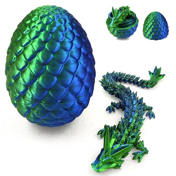 MONCOYI 3D Printed Dragon in Egg with Dragon Inside,Dragon Surprise Egg,Flexible Joints Home Office Dragon Decor Executive Desk Toys for Autism/ADHD,Crystal Dragon Eggs Fidget Toy (Laser Green)