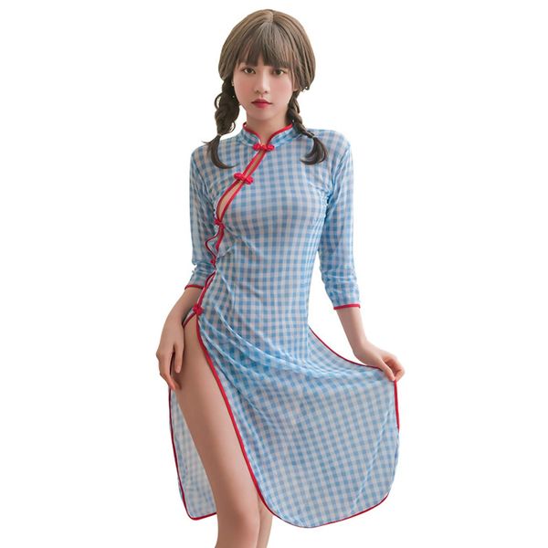 SC Freya China Dress MoE Cute Plaid See-Through 2-piece Set Loungewear Pajamas (Sky Blue)