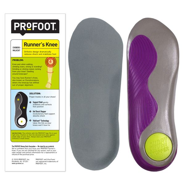 PROFOOT Runner's Knee Orthotic Insole, Women's 6-10, Shock Absorbing Insole for Heel Support, Stabilization and Foot Position Correction, Cushioned Shoe Insole Chondromalacia Support, 1 Pair