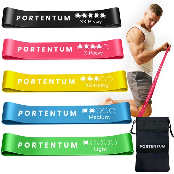 PORTENTUM Resistance Bands Set Men [Set of 5] Skin-Friendly Resistance Exercise Band Set with 5 Different Resistance Levels - Physio Bands with Case Included - Ideal for Gym, Home, Yoga, Training