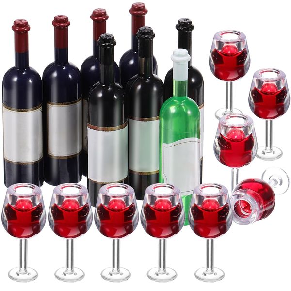 TEHAUX 18Pcs Miniature Wine Glasses, Glasses Doll House Mini Wine Cups with Red Wine Bottles for Dollhouse Decor Kitchen Accessories Mini Wine Bottles