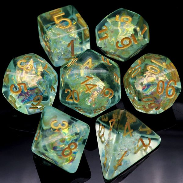 Haxtec Light Green DND Dice Set 7PCS Filled Resin Polyhedral D&D Dice W/Iridescent Mylar Inclusion for Roleplaying Games Dungeons and Dragons Gift