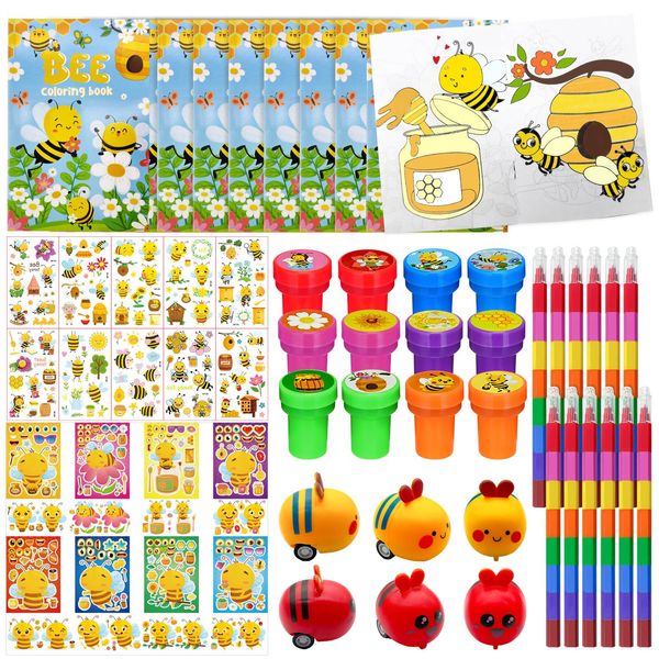 Cinrobiye 72Pcs Bee Coloring Book with Crayons Bulk,Honey Party Favors Goodie Bags Fillers, Bumble Bee Birthday Party Supplies Face Stickers Tattoo Prizes Gift for Sweet Bee Day