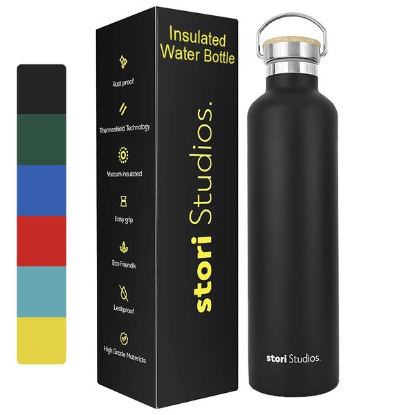 Stori Studios Vacuum Insulated Metal Water Bottle Black 750 ml(25oz), Stainless Steel Water Bottle, BPA Free Standard Mouth Flask, Double Wall Insulated Water Bottles for Travel, Work & Gym