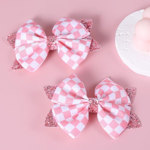 Glitter Pink Checkered Buffalo Plaid Hair Bows 4'' for Girls Women Racing Checkered Flag Bows Alligator Clips Barrettes Race Fan Car-Themed Birthday Party Gift Accessories