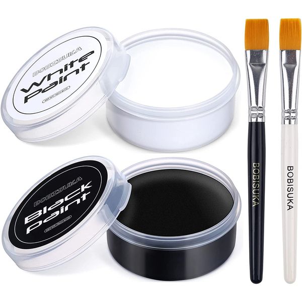BOBISUKA Körperfarben Schwarz (70g) und Weiß(70g) mit 2 Pinseln - Kinderschminke Set Für Theaterschminke, Halloween, Karnevalsschminke, Party Make up, Ungiftig Wasserfest Langanhaltend