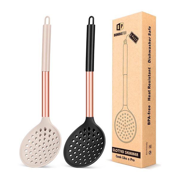 Kitchen Ladle Strainer Set of 2 Large Slotted Spoon with High Heat Resistant BPA Free Non Stick Cooking Skimmers For Draining & Frying