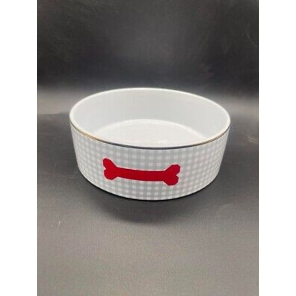 Wit & Delight Ceramic Pet Bowl Gray Gingham Red Bone Gold Rim