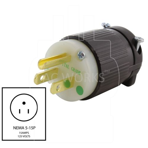 AC WORKS Straight-Blade Male Plug with UL, C-UL Approval (15A Household- Medical Grade)