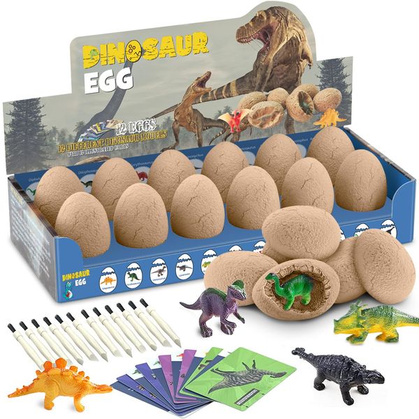 CAPKIT 12 Unique Dinosaur Eggs, Dinosaur Eggs Excavation/Dino Eggs Dig Kit with Toys for Kids 3-5 5-7 8-12, Dinosaur Fossil Eggs - Archaeology STEM Crafts Birthday for Boys & Girls