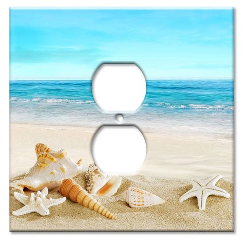 JUMBO Metal Outlet Cover, 2 Gang Oversize Electrical Outlet Cover Plate (for 1 Centered Device), Wall Plate Cover for Duplex Outlets - UL Listed, 5.5" x 5.5" - Made in USA - Seashells on the Beach