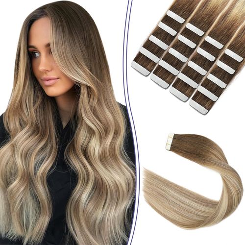 Sindra Tape-In Real Hair Extensions, Human Hair, Walnut Brown to Ash Brown and Golden Blonde, 20 Pieces, 50 g, 35 cm, Remy Invisible Tape Extensions, Real Hair, Silky Straight, T#3/8/22, 14 Inches