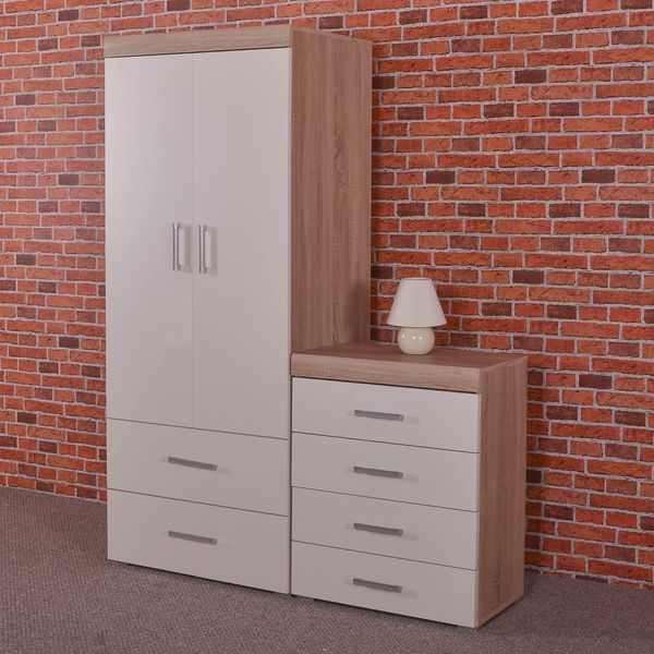 DRP Trading 2 Door 2 Drawer Wardrobe & 4 Drawer Chest in White & Sonoma Oak Bedroom Furniture Set