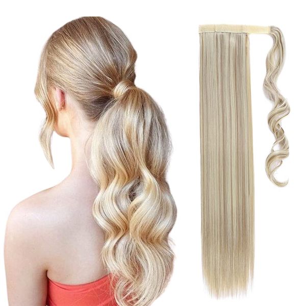 23" Long Straight Wrap Around Ponytail Clip in Hair Extensions One Piece Hairpiece Magic Tape in Pony Tail Extension for Women Sandy Blonde & Bleach Blonde