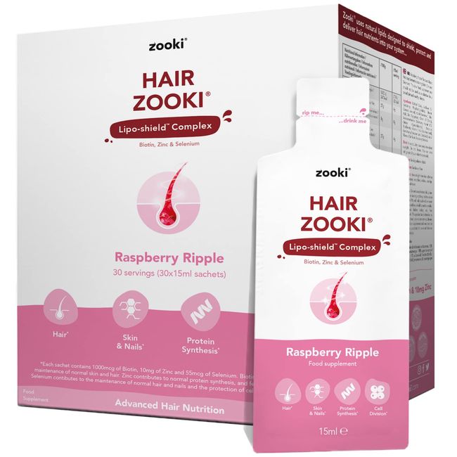 yourzooki HairZooki Hochwirksames Biotin, Zink und Selen, eingehüllt in Lipide für maximale Absorption | Alkoholfrei, vegan, sojafrei, natürliche Zutaten (Himbeere) (30 Portionen, 1er Pack)