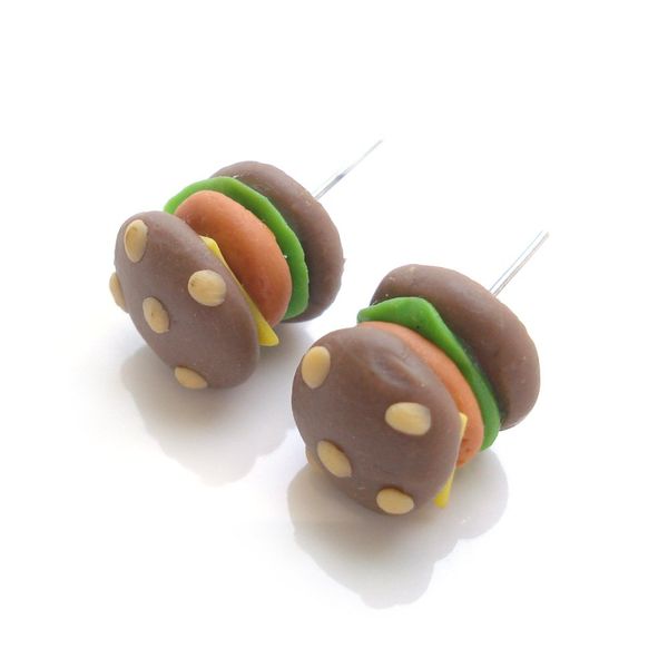 Idin Handmade Earrings - Miniature brown hamburger polymer clay stud earrings
