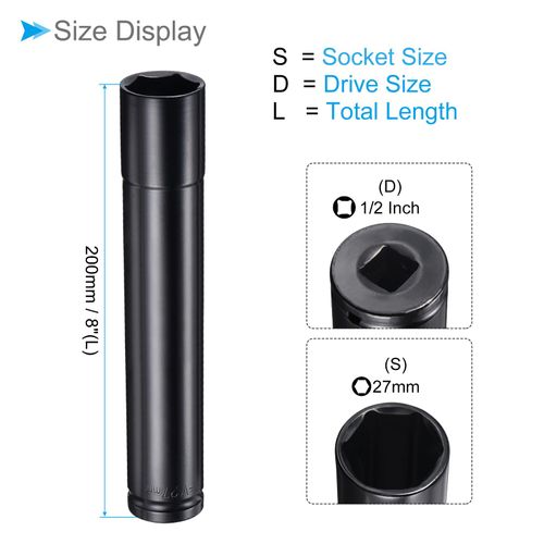 CoCud 6-Point Deep Impact Socket, 1/2-Inch Drive 27mm Socket 8" Length, CR-V Steel Axle Nut Impact Socket - (Applications: for Maintenance), 2-Pieces