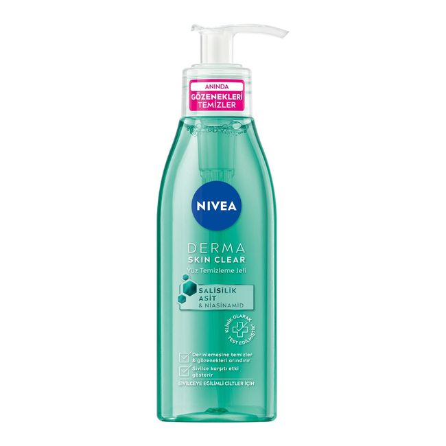 NIVEA Derma Skin Clear Sivilce Karşıtı Yüz Temizleme Jeli 150 ml, Salisilik Asit (BHA), Nisaniamid, Yağlı ve Sivilce Eğilimli Ciltler, Gözenek Arındırıcı, Yüz Temizleyici