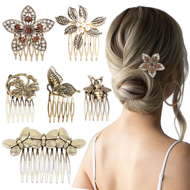 6 Stück Vintage Haar Seitenkämme für Frauen Dekorativ, Retro Gold Perle Strass Metall Haarkamm Clips mit Zähnen Griff Kristall Braut Haarteil Pins für Hochzeit Zubehör