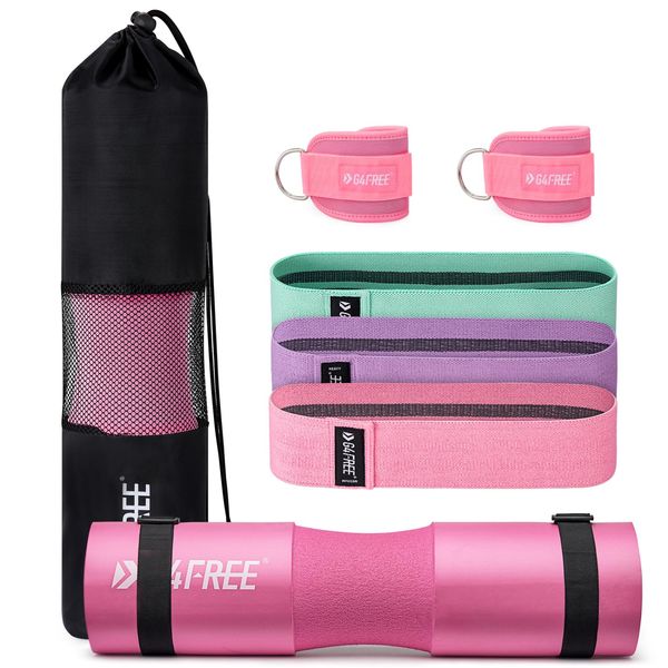 G4Free 7pcs Barbell Pad Set for Squat, Hip Thrusts, Lunges Standard Olympic Bars with 2 Gym Ankle Safety Straps, 3 Hip Resistance Bands, Barbell Pad and Carry Bag(Pink)