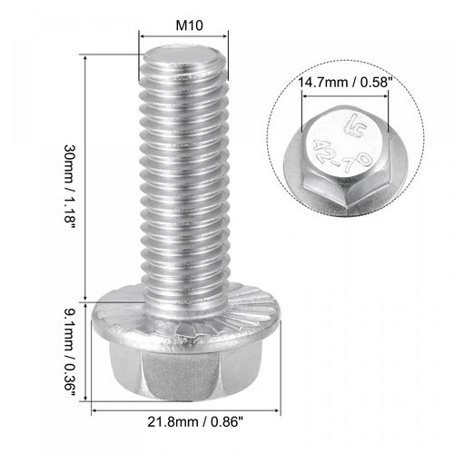 sourcing map M10x30mm Hex Serrated Flange Bolts Screws Metric Thread 304 Stainless Steel 6pcs