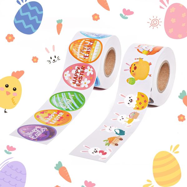 1000pcs 2 Rolls Easter Stickers, Cute Bunny Egg Truck Rabbit Carrot Stickers Happy Easter Decals for Kids Cards Gift Scrapbooking Envelope Art Craft Party Favors Decoration Decor Supplies (20 Styles)