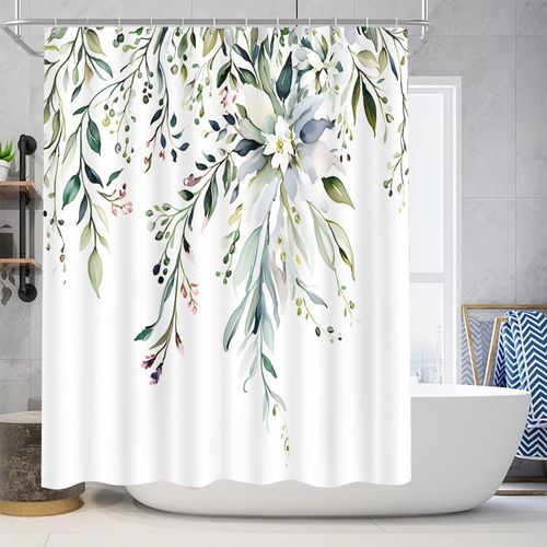 youyouplus Elegant Floral Shower Curtain Sets with 12 Hooks, Bath Mat, Toilet Lid Cover, U Shaped Rugs, Watercolor Plant Green Leaves Waterproof, Washable Fabric,70.8 x 70.8 inches.