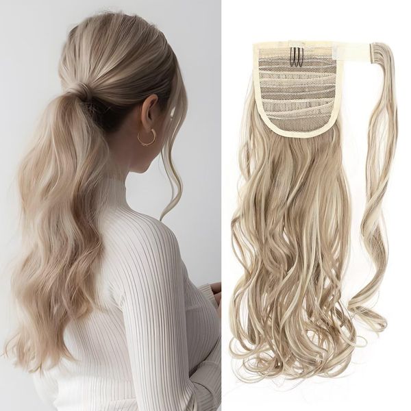 Silk-co Ponytail Hair Extension One Piece Clip in on Pony Tail Synthetic Curly Hairpieces 17" Highlights Sandy&Bleach Blond