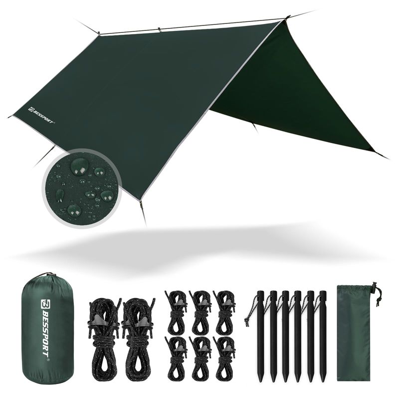 VOSOIR Tarp 3 x 5 m waterdicht, ultralicht campingtentzeil, met 15 ogen 8 aluminium pennen 10 nylon touwen, anti-uv sneeuw, regenbescherming, licht compact, voor hangmat, camping, picknick