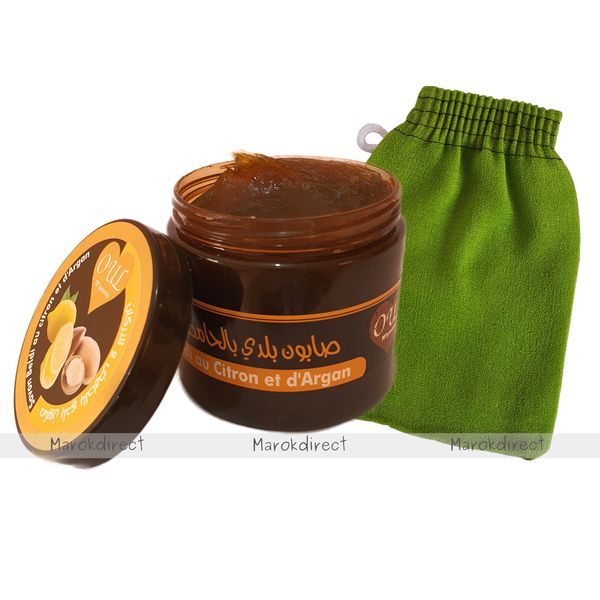 Moroccan Argan Oil Lemon Extract Black Beldi Soap Hammam Exfoliating Kessa Glove