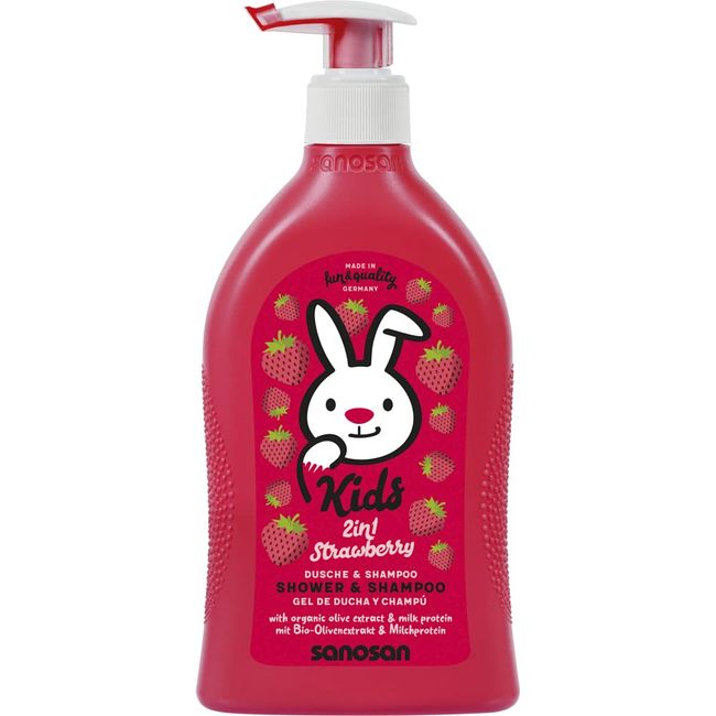 sanosan 2in1 Dusche & Shampoo Erdbeere für Kinder & Baby 400 ml - Duschgel & Haarshampoo mit Bio Olivenextrakt & Milchprotein - Haarpflege, Hautpflege, Shower Gel, Haar Shampoo