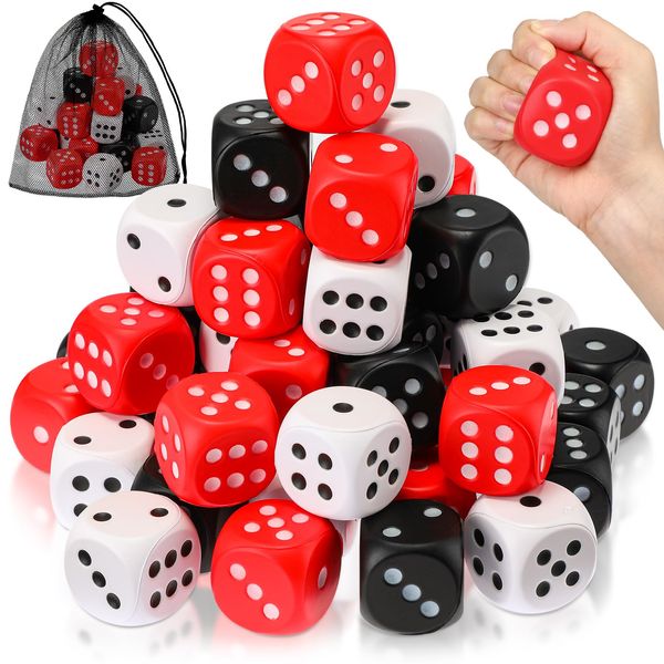 RoundFunny 48 Pcs Foam Dice Stress Ball 1.57 Inch Fake Soft Slow Dot Dice Stress Anxiety Relief Dice Toys for Kids Adults Board Game Themed Decoration Party Pool Toy Favors School Supplies